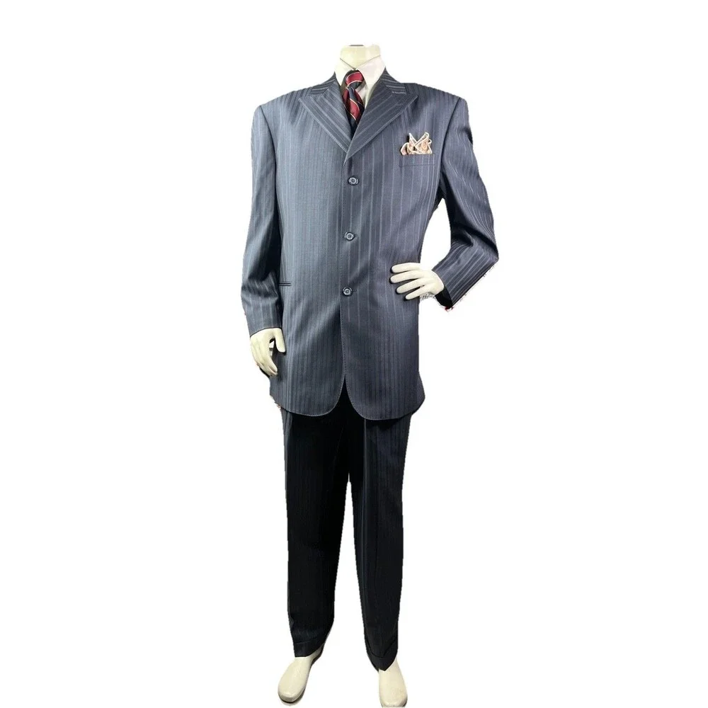 VERSINI European Men Suit 46R 40x31 Navy Striped 100% Wool Jacket Pants Set